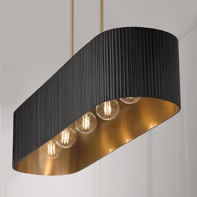 Capital Lighting 850751KR Donovan Mid-Century Modern Artisan Luxe Fluted Mango Wood Linear Chandelier, 5-Light 500 Total Watts, 9" H x 44" W, Black Stain and Matte Brass