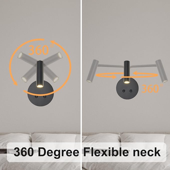 2 Pack Wall Mounted Reading Lights for Bed, Matte Black Headboard Wall Sconces with Night Light, Plug in or Hardwired Bedside Reading Lamps with On/Off Switch, 3000K Warm White Bedroom Wall Lighting