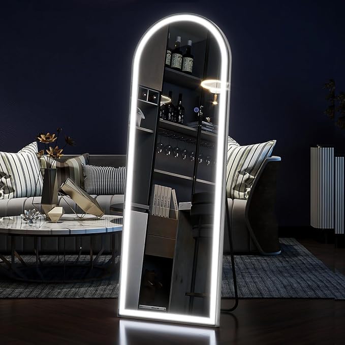 Koonmi LED Arched Full Length Mirror, 63"x20" Full Length Mirror with Lights, Lighted Floor Mirrors with Stand, Full Body Mirrors with Dimming & 3 Color Lightingfor Living Room Cloakroom, White
