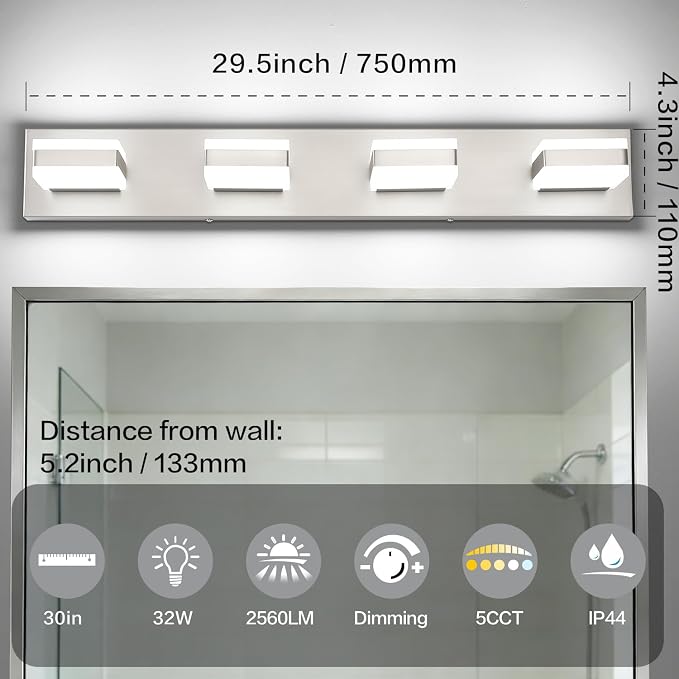 SOLFART Bathroom Vanity Lights, Adjustable Brushed Nickel Vanity Light for Bathroom,LED Light Fixtures Over Mirror,5 Color Temperature 4 Lights 5CCT