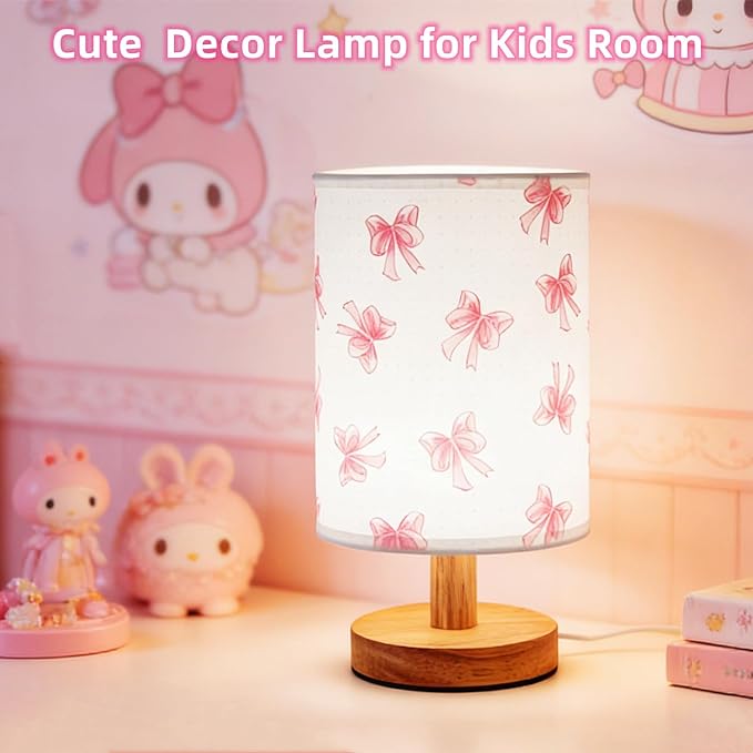 Pink Bow Bedside Table Lamp for Bedroom,Kids Room Decorative Lights 3 Colors Dimmable Nightstand Night Light with Flaxen Fabric Shade Desk Lamp for Girls Boys Birthday Gifts for Home Living room Decor