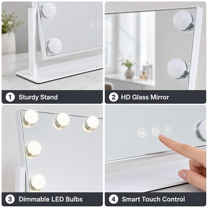 Vanity Mirror with Lights, 13'' x 11'' Lighted Makeup Mirror for Desk, Hollywood Mirror with 12 Dimmable Bulbs, 3 Color Modes, Smart Touch Control, 360°Rotation, Gifts for Girls, Women, Wife