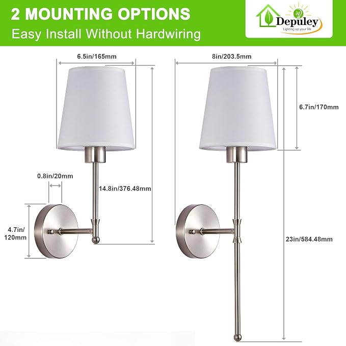 Depuley Battery Operated Wall Sconce: Set of 2 Wireless Wall Lights with Remote for Bedroom - 12 Colors Rechargeable Wall Lamp for Living Room Dining Room Hallway Bathroom Staircases - Nickel 24 Inch