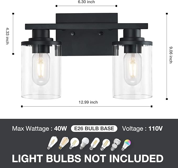 Bathroom Light fixtures, 2 Light Matte Black Bathroom Vanity Light, Vanity Lights with Metal Base and Clear Glass Shade, Wall Sconces Lighting for Bathroom, Mirror, Bedroom, Living Room, Hallway