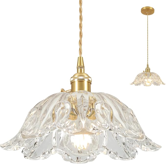 Glass Pendant Light Vintage Light Fixtures,Transparent Modern Chandelier Pendant,E26 Pendant Lights Kitchen Island,10.6 inch Hanging Lamp for Bedroom Hotel Dining Room 1 Light