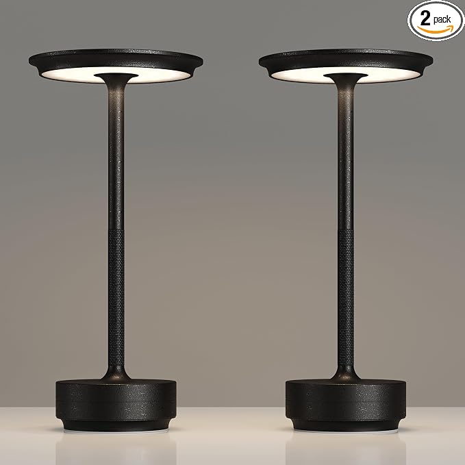 TBBGA 2 Pack Rechargeable Table Lamps Cordless, 5000mAh Outdoor Table Light | 3 Color Stepless Dimming Portable LED Table Lamp with Memory Function, for Home/Dinner/Patio/Restaurant.(Diamond Black)