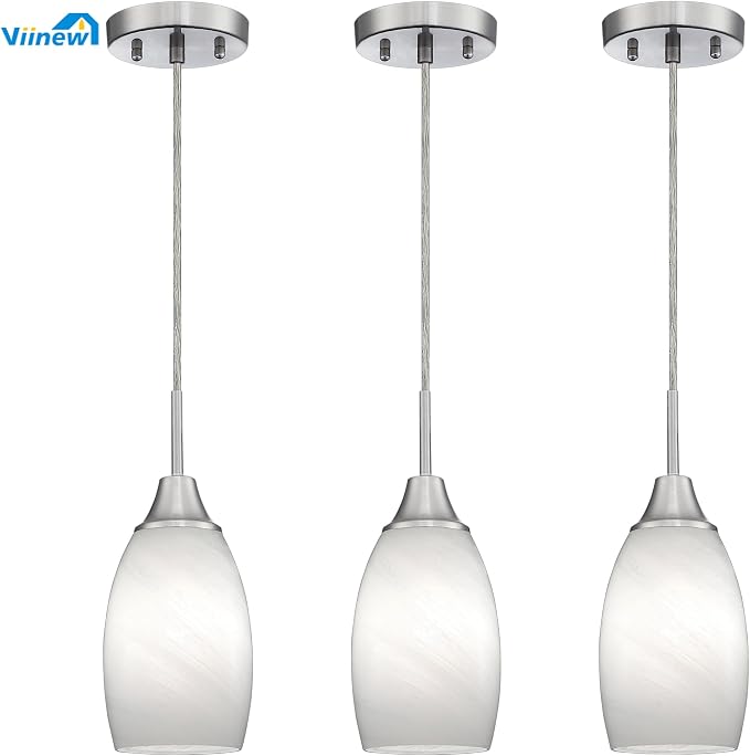 Viinew 3-Pack Glass Pendant Light,Mini White Swirl Glass Pendant Light | Handblown White Art Oval Glass Hanging Pendant Light for Kitchen Island Dining Room Living Foyer Brushed Nickel Finish
