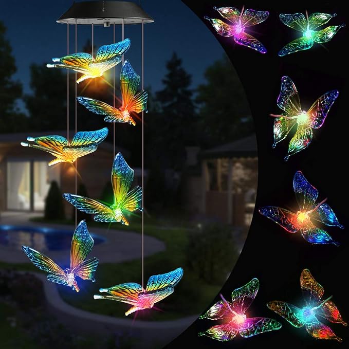 Toodour Solar Wind Chime, Color Changing Wind Chimes Butterfly Gift for Mom | LED Decorative Mobile, Gifts for Grandma, Waterproof Outdoor Decorative Lights for Garden Patio Yard Window Outdoor Decor