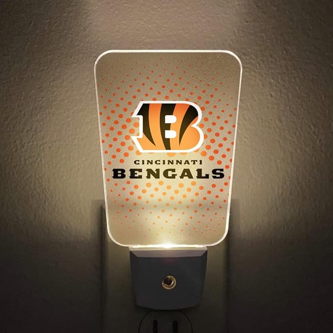 Party Animal NFL Team LED Night Light, with Auto Sensor and 3 Light Settings, Slim 5-Inch Design fits Standard Outlets, Cincinnati Bengals