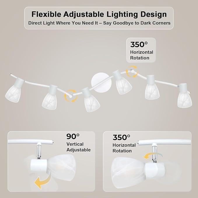 HiBay 6-Light Track Lighting White, Flexible Ceiling Fixture w/Glass Shade | Modern Flush Mount Track Spot Lights Indoor for Kitchen, Living Room, Dining Room, E12 Base, No Bulbs
