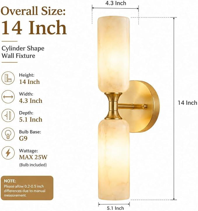 Alabaster Wall Sconces Set of 2, 14in 3-Color Changing Spanish Natural Marble Wall Sconce, Hardwired Brass Gold LED Wall Fixture for Bathroom, Bedroom, Living Room, Hallway, Staircase