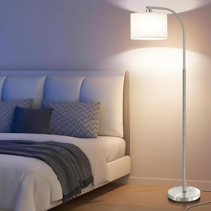 Floor Lamp for Living Room,Modern Standing Lamps with 9W LED Bulb,65'' Silver Tall Floor Light with Fabric Shade,3 Color Temperatures Tall Lamp for Bedroom Office Study Room Corner Dining Room