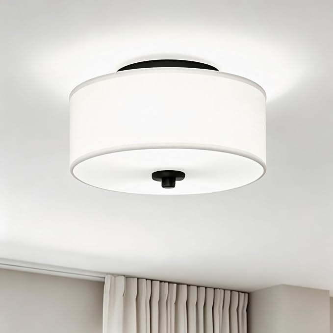2-Light Flush Mount Ceiling Light Fixture, 12” Modern Close to Ceiling Light with White Fabric Drum Shade, Round Ceiling Light for Bedroom Hallway Living Room Bathroom Dining Kitchen | Modern Close to Ceiling Light,White fabric shade,E26,Great for comp...