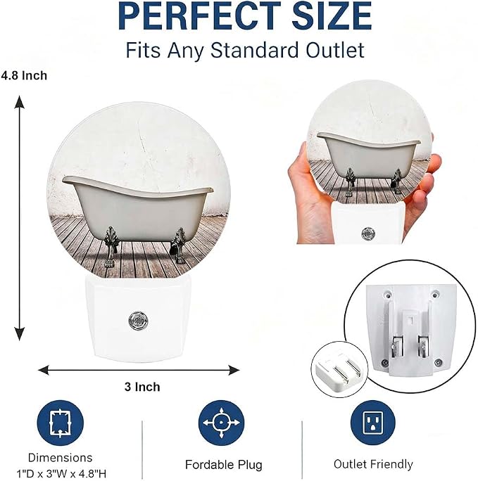 Nightlight Vintage Bathtub Plug-in Night Lights Dusk to Dawn | Bathroom White Old Wall Wood Floor Night Light LED Round Lamp with Auto on/off Sensor for Kitchen Hallway Bedroom Bathroom