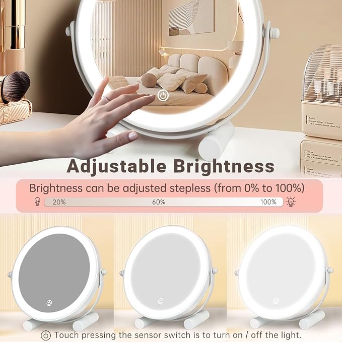YEKKOPT Travel Vanity Mirror with Lights, 8" Small LED Makeup Mirror with Lights,360°Rotation Dimmable Portable Desk Round Mirror for Dressing Room & Bedroom,Folding Stand, White