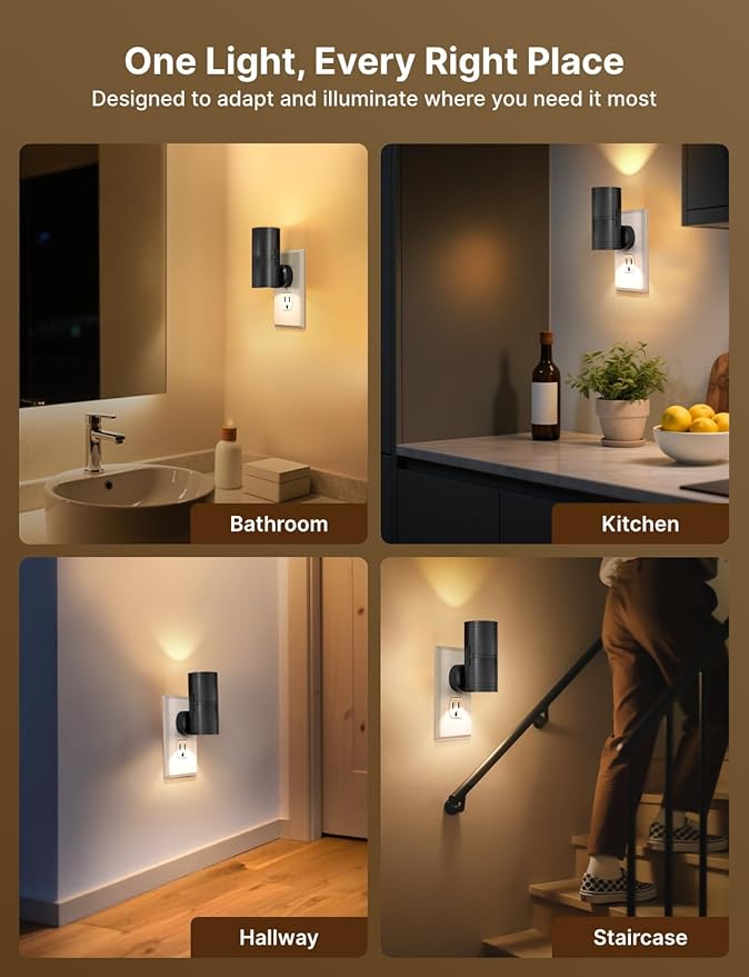 Night Light Plug into Wall, 2 Pack Dimmable LED Nightlight with Dusk to Dawn Sensor, Soft White Glow, for Hallway, Bathroom, Bedroom, Black