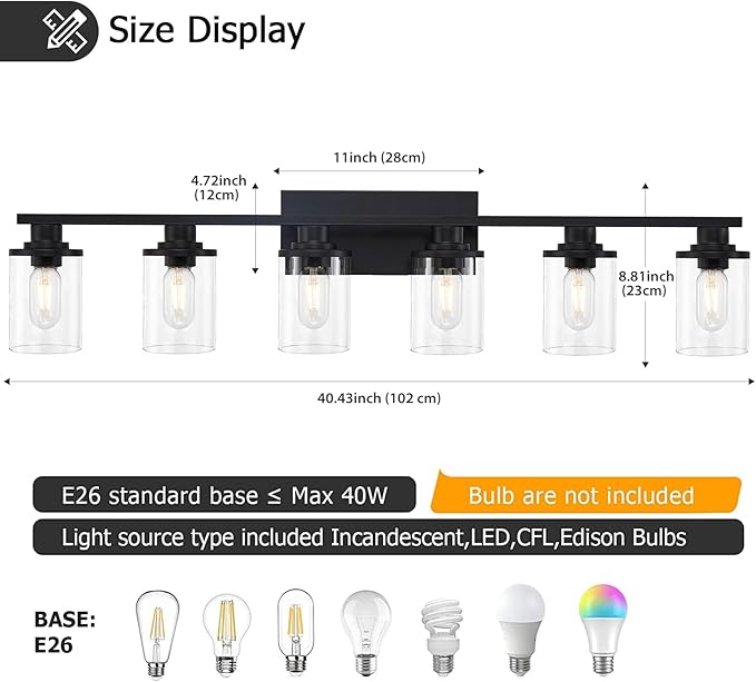 stambord 6 Light Matte Black Bathroom Vanity Light Fixtures with Clear Glass and Metal Base, Black Vanity Lights for Bathroom Over Mirror