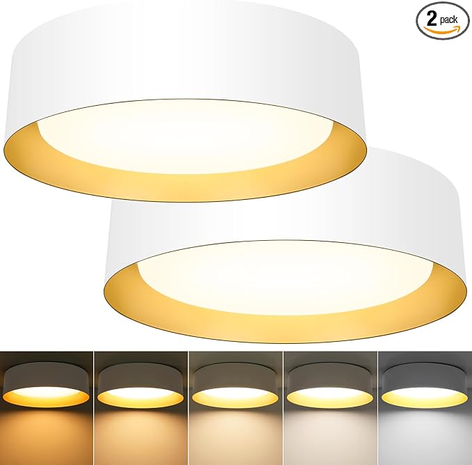 Flush Mount Ceiling Light, 13in Modern Ceiling Light 5 Color Temperature | 25W Bathroom Ceiling Light Fixture, 2600LM Dimmable LED Flush Mount Light for Bedroom, Hallway, Kitchen, White & Gold, 2-Pack