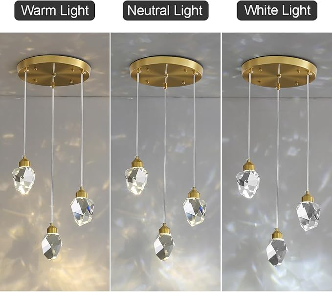Modern Crystal Pendant Light, 3-Color LED Crystal Pendant Lamp, Adjustable Height Gold Ceiling Hanging Lamp, for Kitchen Island Dining Room Living Room Decor Lighting (3-Head Round Base)