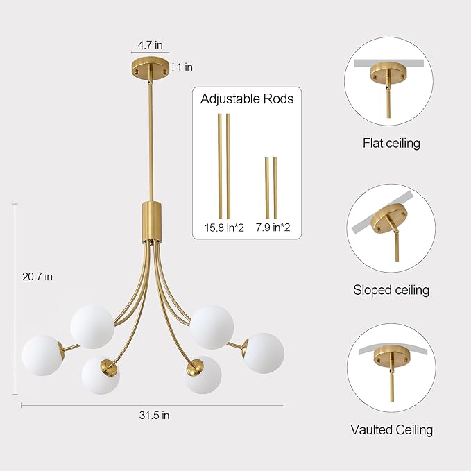Modern Mid Century Gold Chandeliers, 6-Light Glass Globe Chandeliers Hanging Sputnik Chandelier Light Fixtures for Dining Room Living Room Bedroom Kitchen Island Foyer
