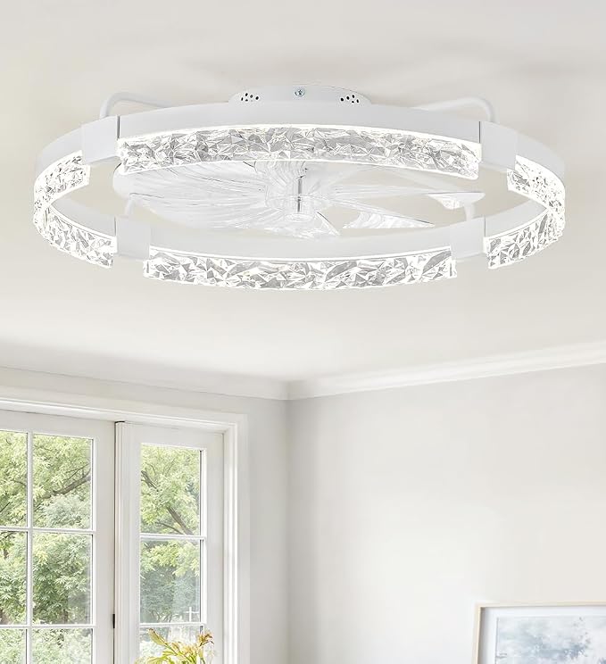 ZMISHIBO 24 Inch Ceiling Fans with Lights, Flush Mount Remote & App Control | 3CCT Dimmable LED, DC Motor, Bladeless, Reversible Blade, 6 Speeds, Modern, Low Profile, Enclosed, Bedroom, Kids, Girl, Adult