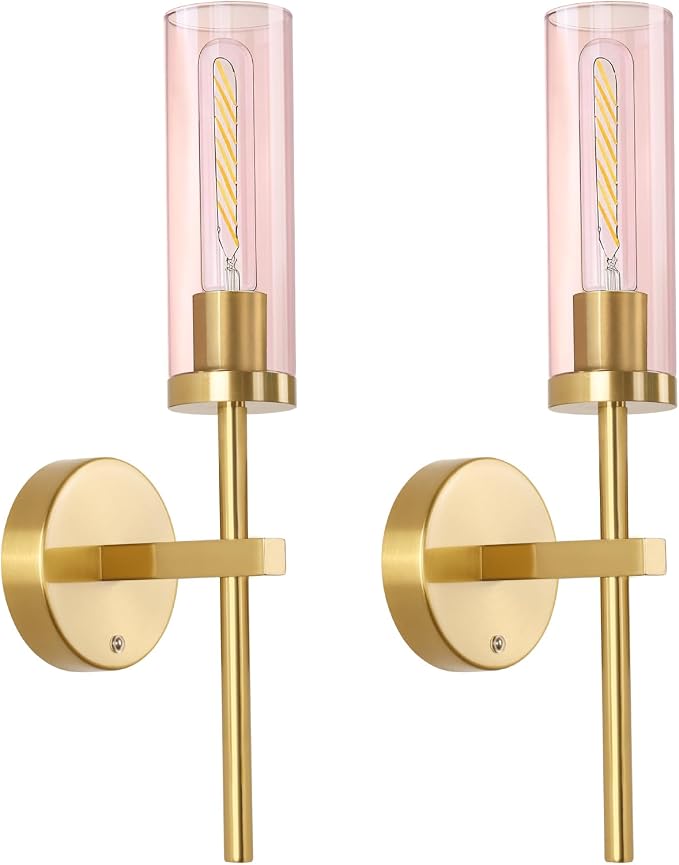 Shenmoyl Battery Operated Wall Sconces Set of 2, Gold Rechargeable Wall Lighting Fixtures, Dimmable Wall Lights with Remote & Pink Glass Shade for Living Room, Bathroom,Bedroom