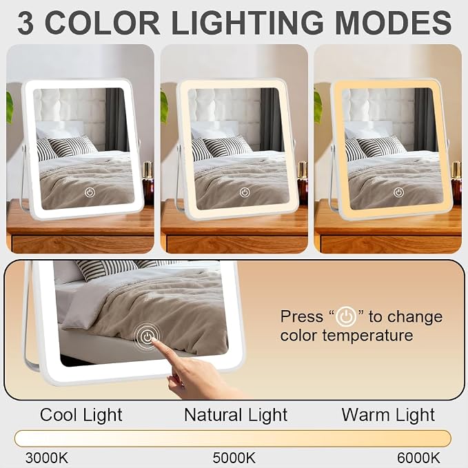 YEKKOPT Portable Desk Vanity Mirror with Lights,12"×10" Small Rechargeable Makeup Mirror with Lights,Smart Touch Screen with 3-Color Lighting,Dimmable,for Dorm Tabletop,Bedroom,Decor