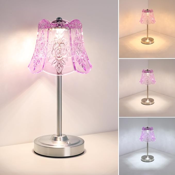 Shenmoyl Cordless Touch Table Lamp with 5200mAh Battery - 3 Adjustable Color Temperatures & Dimmable, Rechargeable Desk Lamp for Bedroom, Living Room, Office, Entryway, Bookshelves (Clear Purple Rose)