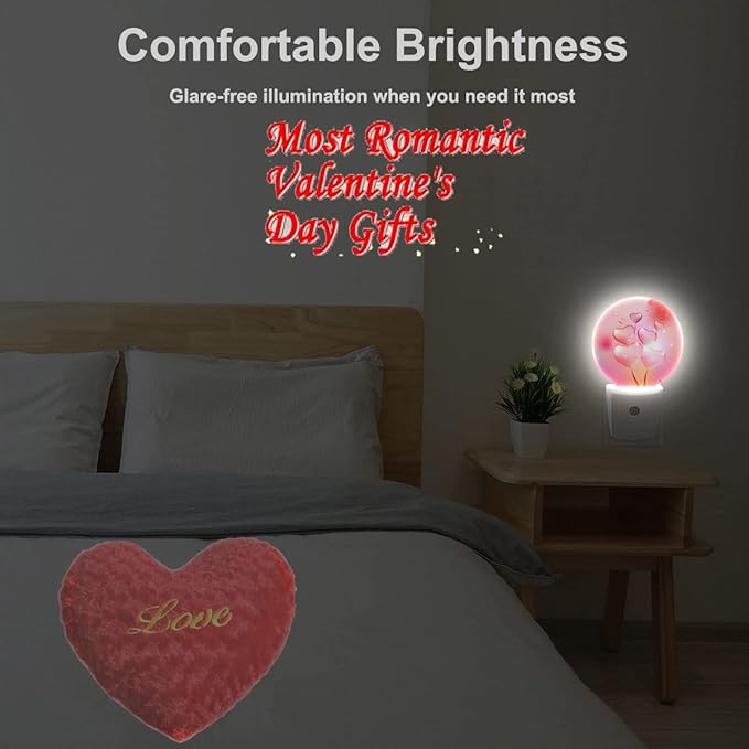 EKOBLA Valentine Romantic Pink Night Light Love Heart Shape Balloons Night Lights Plug into Wall Auto Sensor LED Plug-in Nightlights for Boys Girls Men Women Valentine's Day Gift