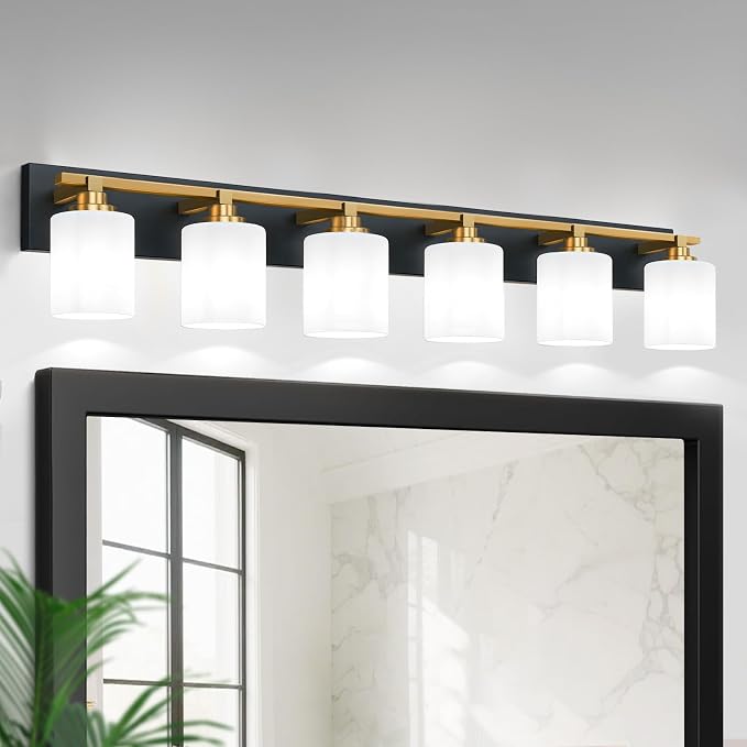 Black and Gold Bathroom Light Fixture, Modern 6 Light Vanity Lights for Bathroom Lighting Fixtures Over Mirror, White Glass Lampshade, Master & Guest bathrooms Bathroom Remodel, 43-inch