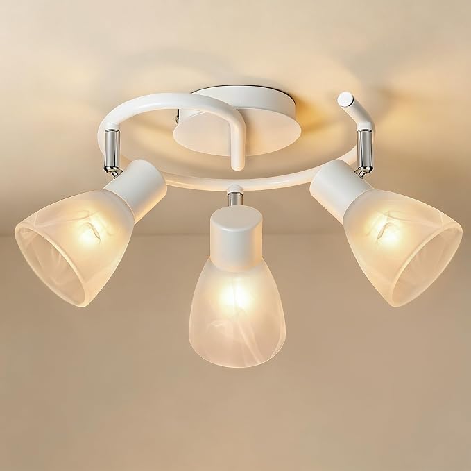 HiBay 3-Light Track Lighting, Modern Glass Ceiling Light Fixture White | Directional Flush Mount Spotlight Round for Kitchen, Bedroom, Living Room, E12 Base, Bulbs Not Included