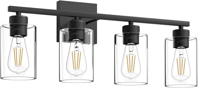 4 Light Bathroom Vanity Light - Matte Black Bathroom Light Fixtures UL Certification, Round Light Fixture Over Mirror, Farmhouse Light Fixtures for Bathroom & Bedroom