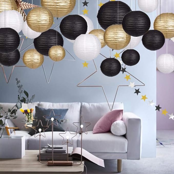 Paper Lanterns Decorative, Hanging Chinese Lanterns Indoor Outdoor for Birthday, Wedding, Christmas, Bridal, Home Decor, Ceiling Decorations Black/Gold/White 12pcs(Size of 4”, 6”, 8”, 10”)