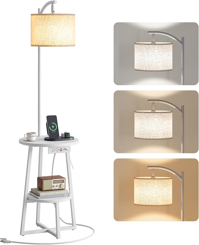 Yoobure Floor Lamp with Table - Farmhouse Night Stand with Charging Station | Side Table with Floor Lamps for Living Room, Bedroom, End Table with Lamp Attached 3 Color Temperatures Bulb, 2 Tier Shelves