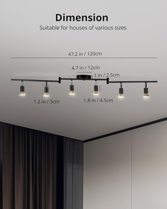 Bojim 6 Light LED Track Lighting Kit, Ceiling Spot Lighting with Adjustable Light Heads & Foldable Light Arms, Matte Black Kitchen Track Lighting (GU10 Socket, Bulbs Not Included)