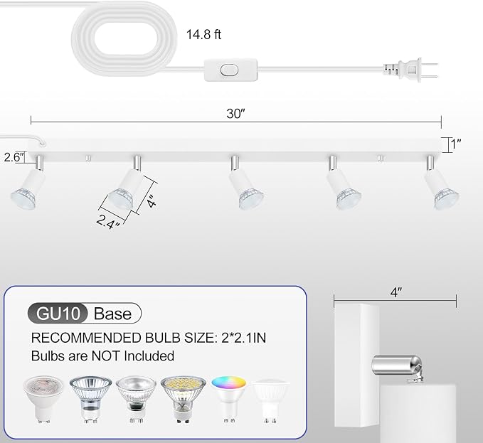 Plug in Track Light,30"Track Ceiling Lighting Fixtures,White 5 Way GU10 Wall Spotlight, Rotatable Track Head,LED Wall Light for Kitchen Cabinet Gallery Bar Hallway Living Room,Rocker Switch,15 FT Cord
