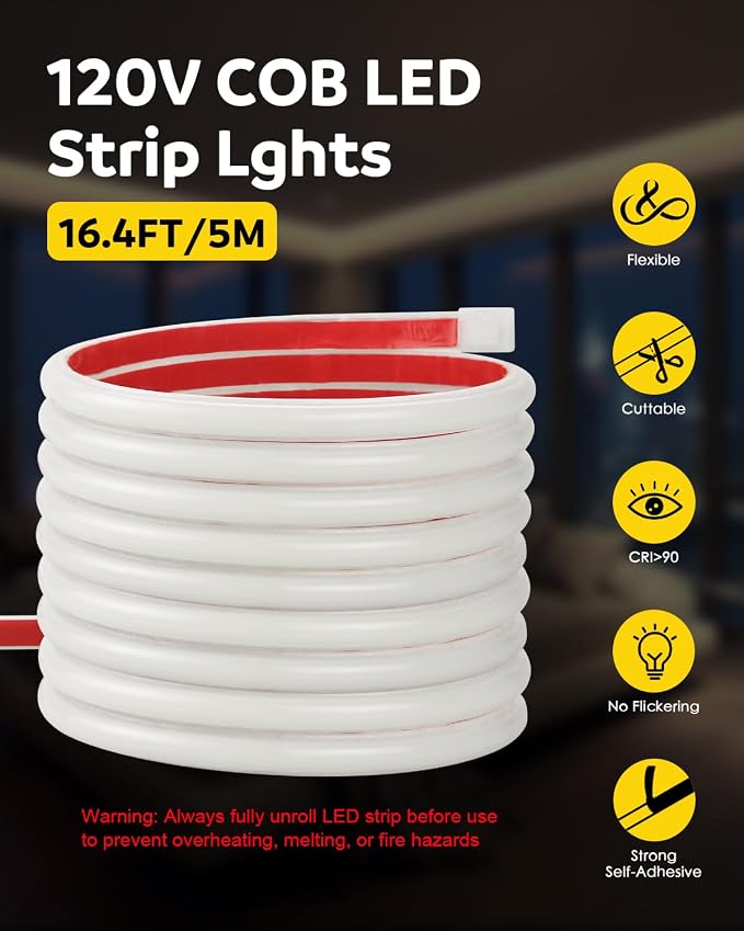 Aclorol COB LED Strip Light 120V 16.4FT Neutral White 4000K Super Bright 1440LEDs Flexible High Voltage Rope Lights IP67 Waterproof for Porch Terrace Staircase Storefront Outdoor Balcony DIY Lighting
