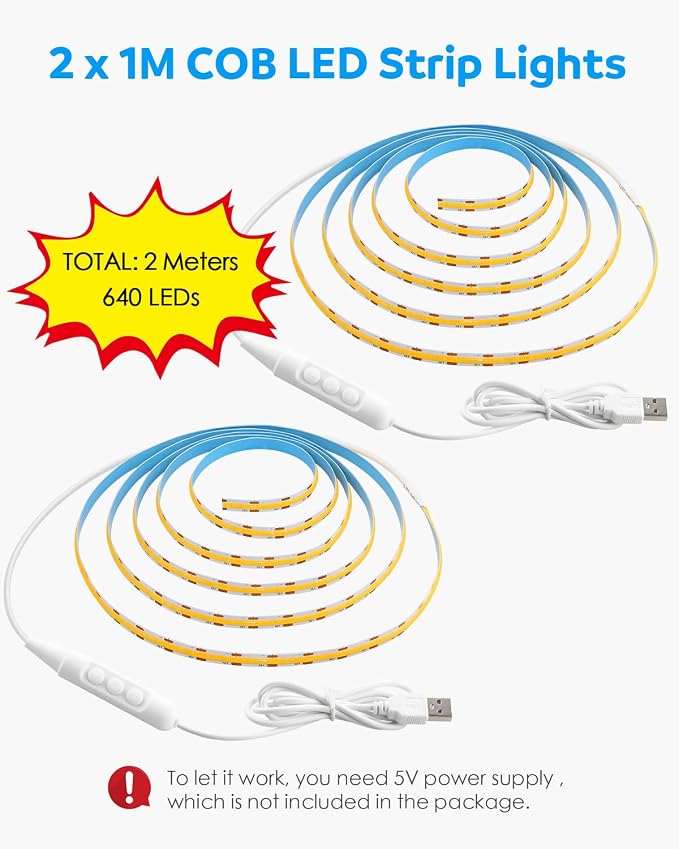 Aclorol USB COB LED Strip Lights 3.28FT/1M Warm White 3000K Dimmable for TV | 2 Pack Short LED Strip Lights, Flexible and Cuttable, for Bedroom Wardrobe Kitchen Cupboard Staircase Home DIY Lighting