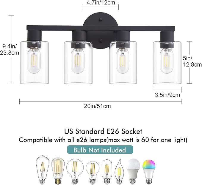 4 Light Bathroom Vanity Light, Matte Black Bathroom Light Fixtures with Clear Glass Shade, 4-Light Vanity Lights, Black Lighting Fixtures for Bath Mirror Bedroom Living Room Hallway Porch