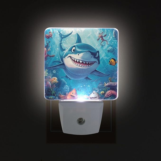Cartoon Shark in Ocean Night Light Dusk to Dawn Sensor LED Night Dimmable Nightlight Lights Plug into Wall for Living Room