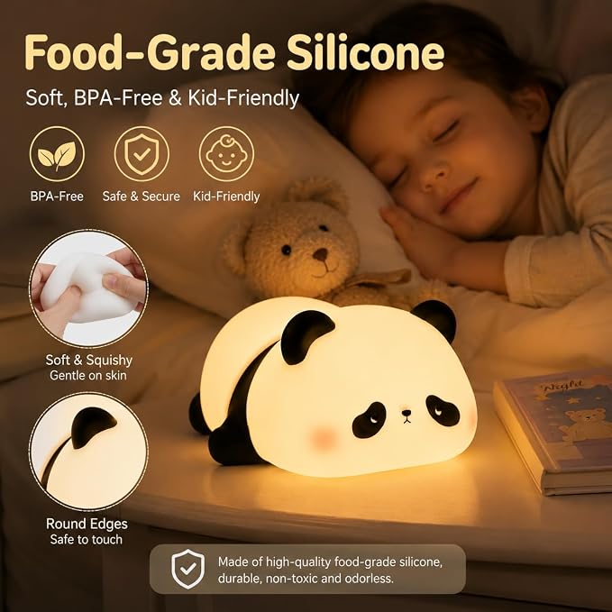Cute Panda Night Light for Kids, Silicone Baby Squishy Lamp, 3-Level Dimmable Nursery Light for Bedroom, Rechargeable Portable Lamp, Desk Decor Birthday Christmas White Elephant Gift