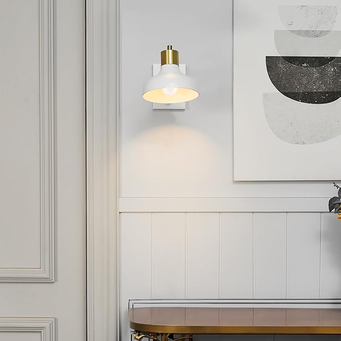 Globe Electric 51344 1-Light Plug-in or Hardwire Swing Arm Wall Sconce, White, Brass Accents, White-Cloth Cord, Mounted Bedside Lamp, Kitchen Sconces Wall-Lighting, Bulb Not Included