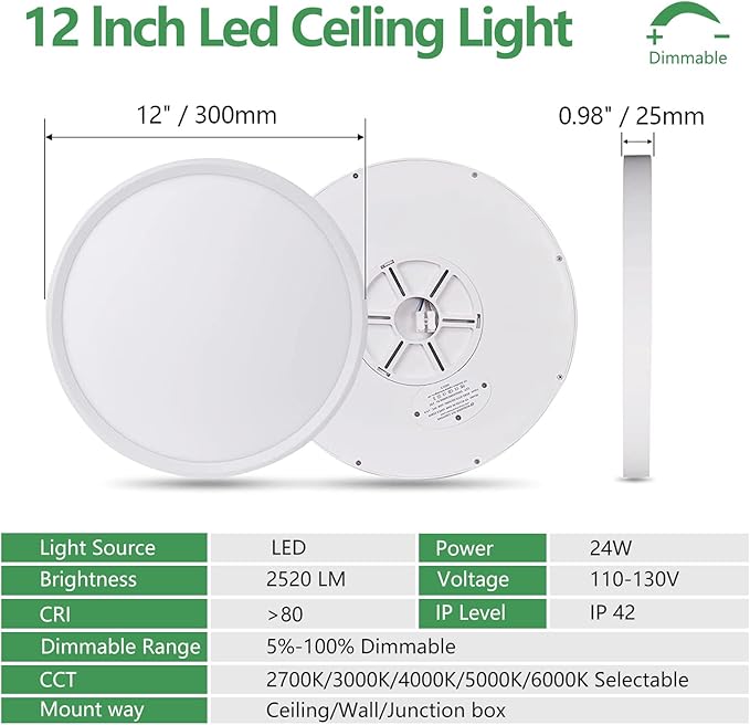 12 Inch 12PK Dimmable LED Flush Mount Ceiling Light,2700K/3000K/4000K/5000K/6000K CCT Selectable, Round Flat Panel Ceiling Lamp for Bedroom/Bathroom/Living Room (White, 12" 12PK)