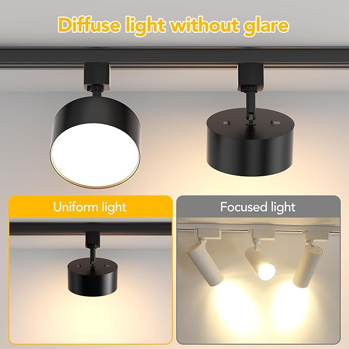 5 Color Diffuse LED Track Lighting Heads H Type Track Light Heads Dimmable Kitchen Track Lighting Fixtures Ceiling, Compatible with H Track Rails - Flicker Free CRI90+ 20W 2000lm, 3 Pack Black
