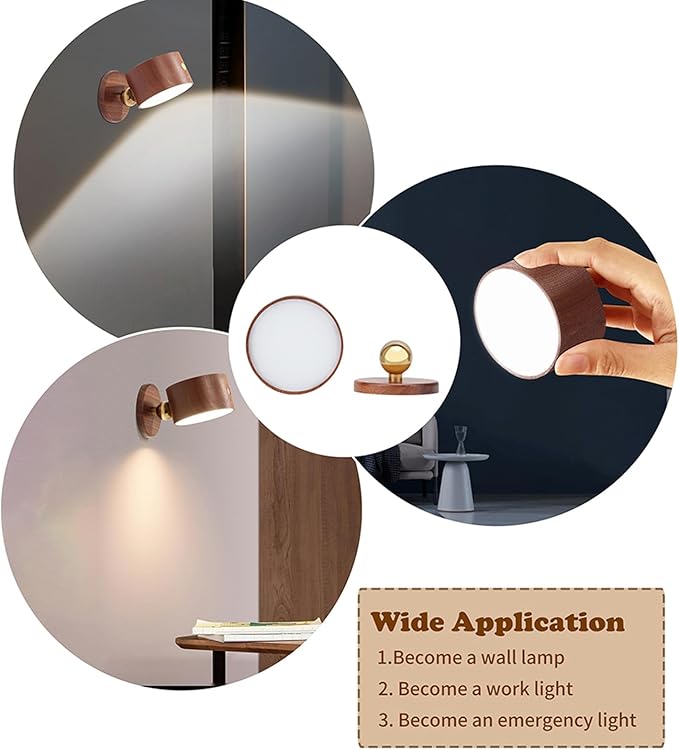 LANDGOO Sapele Wood Wall Sconce Bedside Lamp - Rechargeable Magnetic 360° Rotatable & Dimmable for Closet, Artwork & Reading (No Wiring Cordless Adjustable Light)