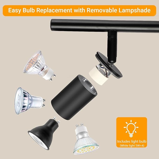 Plug in Track Lighting Kit, 80cm LED 4 Light Kitchen Track Lighting, Corded Wall Light with 16.4ft Cord, 4 Way Ceiling Spot Lighting Flexibly Rotatable Head Includes 4 x GU10 Bulb (4-Black-80cm)