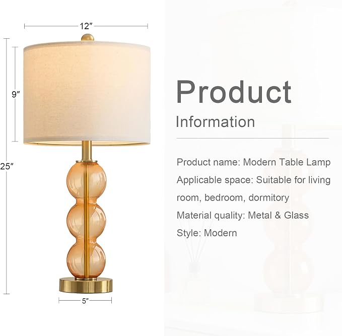 25" Amber Glass Table Lamps for Living Room, Glass Modern Table Lamp Set of 2, USB Charging Ports, Linen Shade, Bedside Lamps for Bedroom, Nightstand, Side Table (Bulbs not Included)