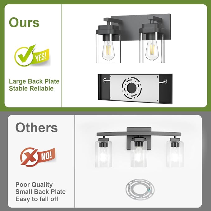 Black Bathroom Light Fixtures, 2 Lights Bathroom Lighting Fixtures Over Mirror, Square Design & Rectangle Large Backplate, Modern Vanity Lighting Fixtures, for Bathroom/Living Room/Bedroom