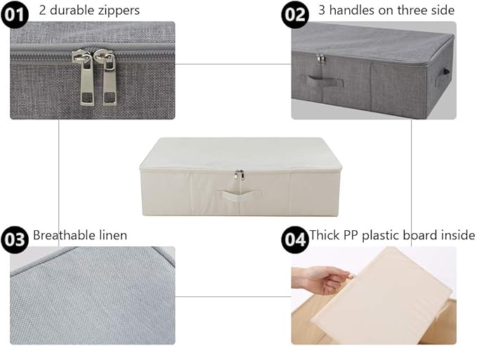 Folding Underbed Shoes Clothes Storage Organizer Basket with Zip Lid,Beige | Underbed Clothes Organizer Basket, Garment Storage Boxes, folding washable rigid sturdy storage bins for clothing shoes duvet