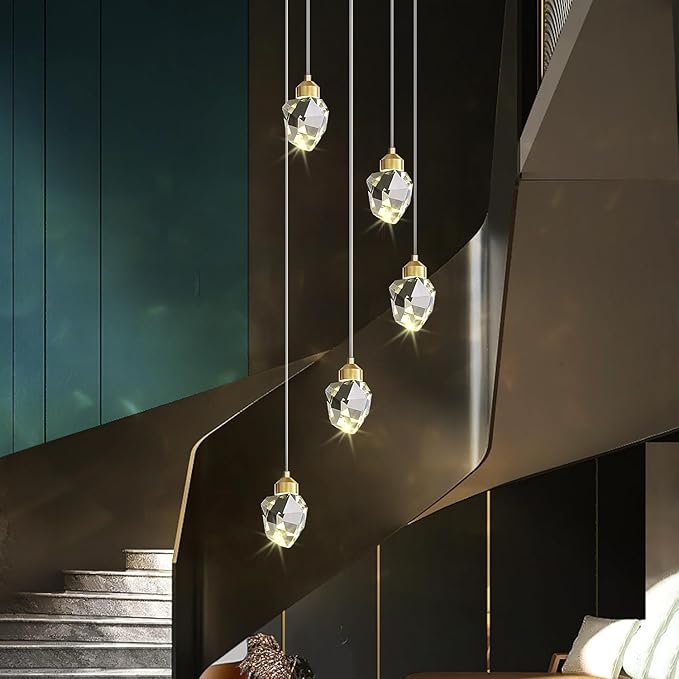 Modern Crystal Pendant Light, 3-Color LED Gold Ceiling Hanging Lamp, for Kitchen Island Bedroom Living Room Dining Room Lighting (5-Head Round Base)